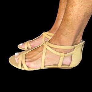 Nine West Mona Nude leather 9M zipper back caged low wedges